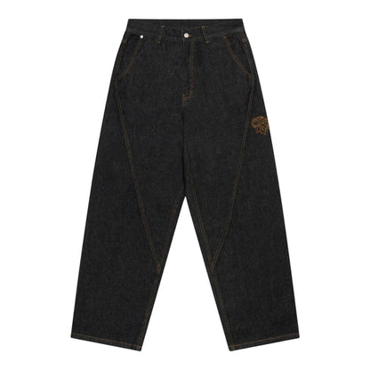 OFFCODE.USA Bigstep Denim black wide leg jeans with rice embroidered graphics and signature panelling.