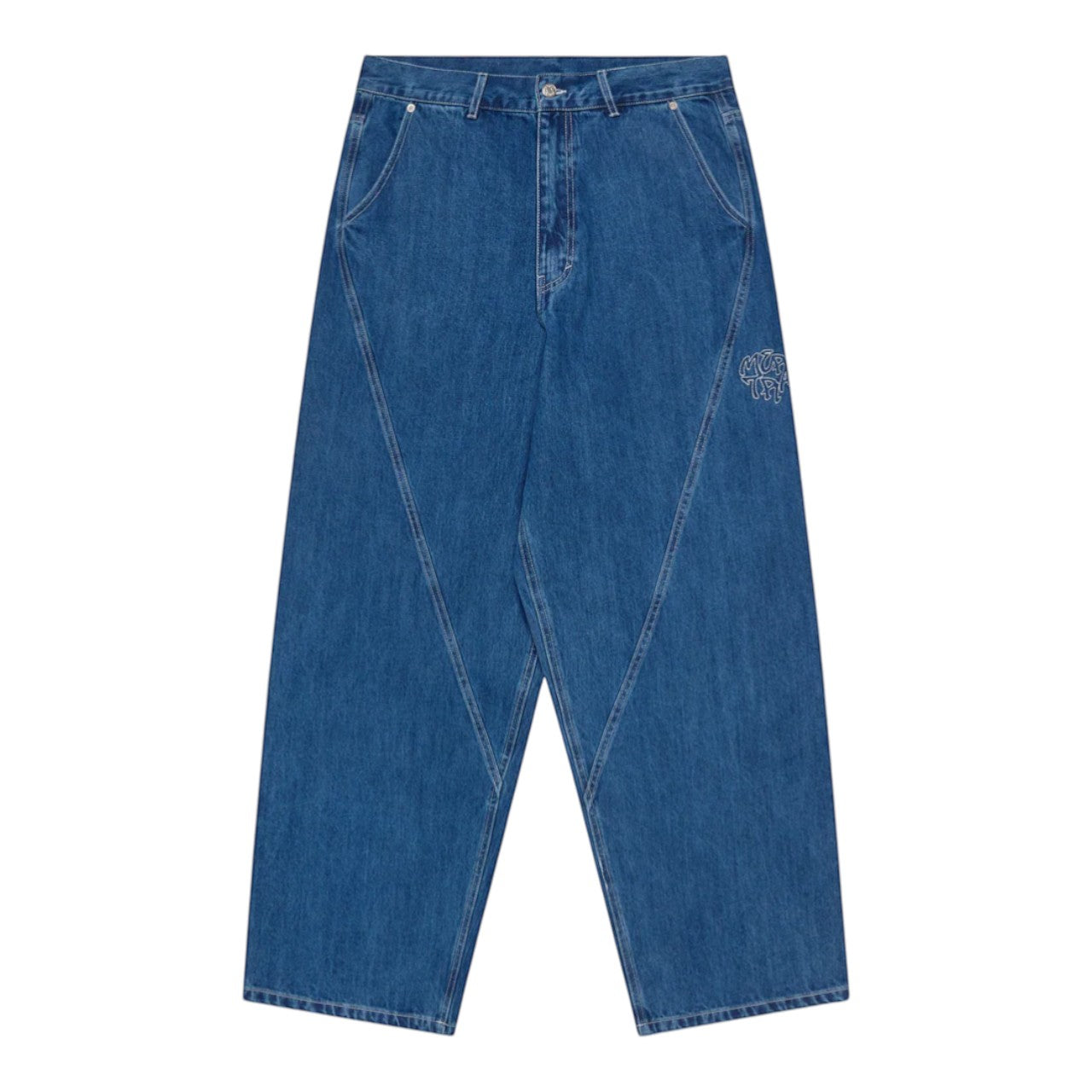 OFFCODE.USA Bigstep Denim blue jeans with baggy wide leg fit, rice embroidered graphics, signature panelling, and leather tab.