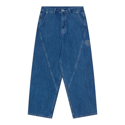 OFFCODE.USA Bigstep Denim blue jeans with baggy wide leg fit, rice embroidered graphics, signature panelling, and leather tab.