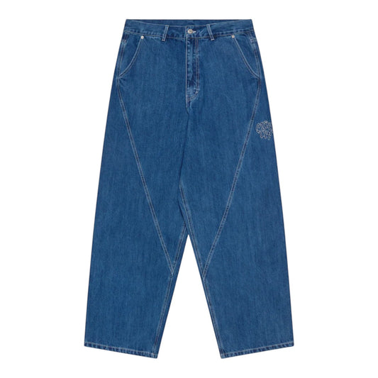 OFFCODE.USA Bigstep Denim blue jeans with baggy wide leg fit, rice embroidered graphics, signature panelling, and leather tab.