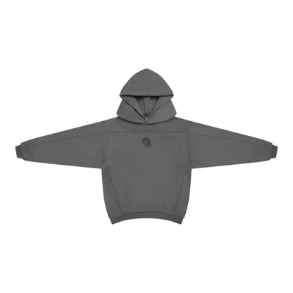 OFFCODE.USA Bigstep Hood 2.0 charcoal grey hoodie with double hood, hidden zipper pockets, and embroidered graphics. Boxy fit.