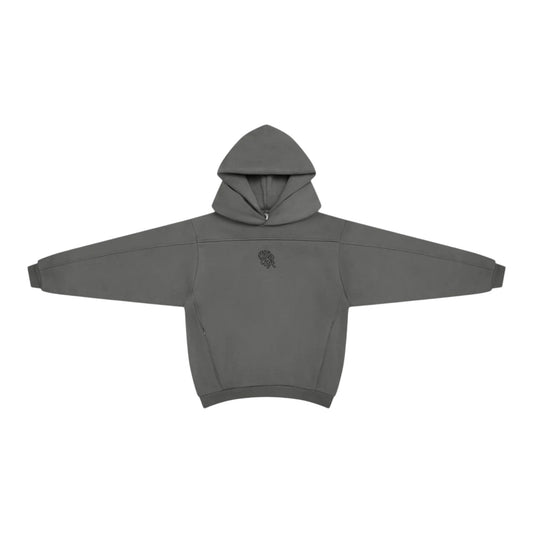 OFFCODE.USA Bigstep Hood 2.0 charcoal grey hoodie with double hood, hidden zipper pockets, and embroidered graphics. Boxy fit.