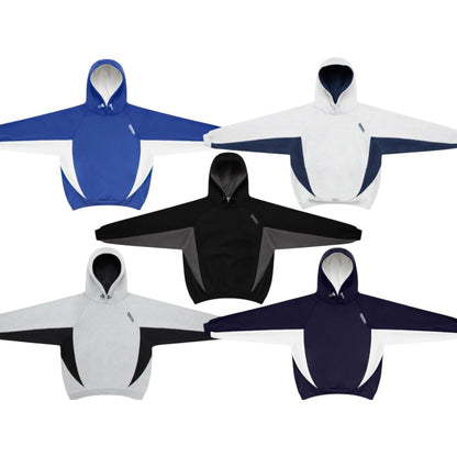 OFFCODE.USA Bigstep Hood: A collection of five color-blocked hoodies in blue, white, black, grey, and navy. Features a drawstring hood and a small logo on the chest.