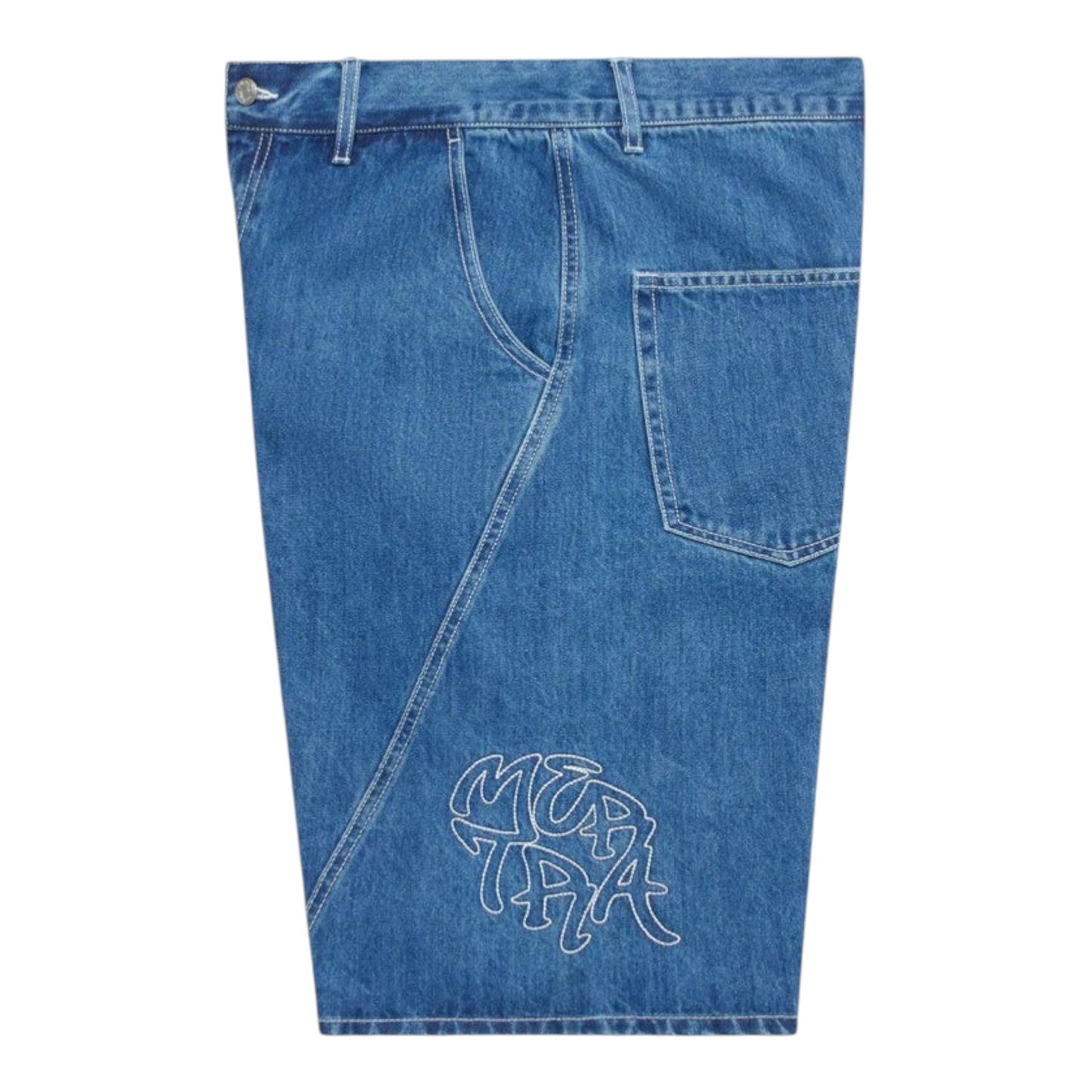 OFFCODE.USA Bigstep Jorts in blue denim with baggy wide leg fit, signature panelling, and embroidered graphics.