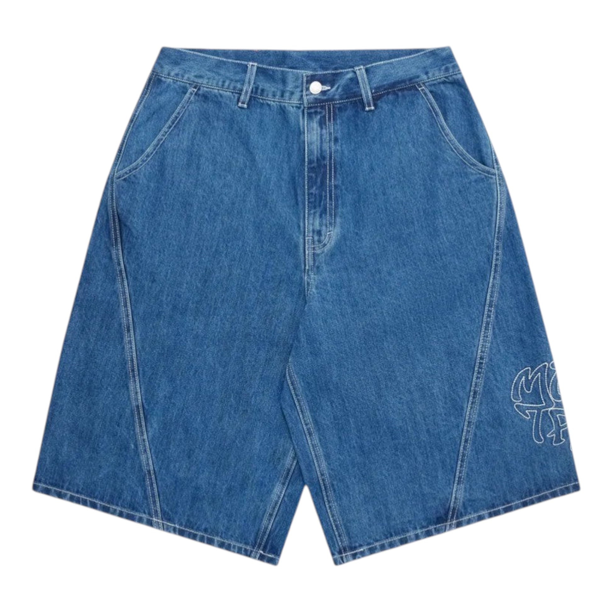 OFFCODE.USA Bigstep Jorts: Blue 11oz denim shorts with baggy wide leg, rice embroidered graphics, signature panelling, leather tab, and branded button.