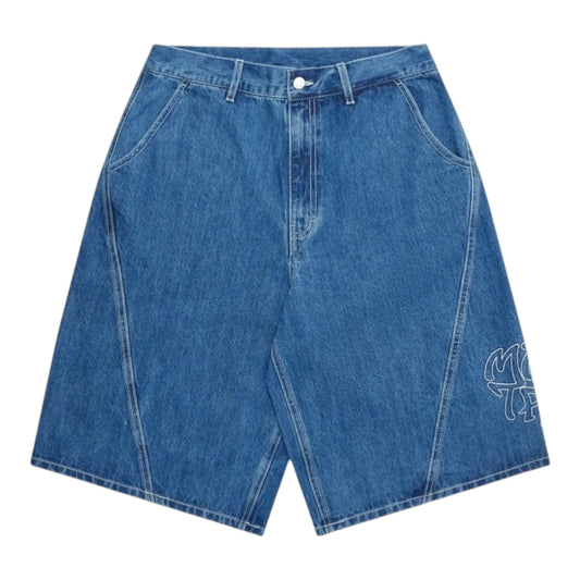 OFFCODE.USA Bigstep Jorts: Blue 11oz denim shorts with baggy wide leg, rice embroidered graphics, signature panelling, leather tab, and branded button.