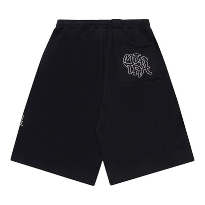 OFFCODE.USA Bigstep Shorts in black cotton blend with white embroidered graphics and wide leg fit.