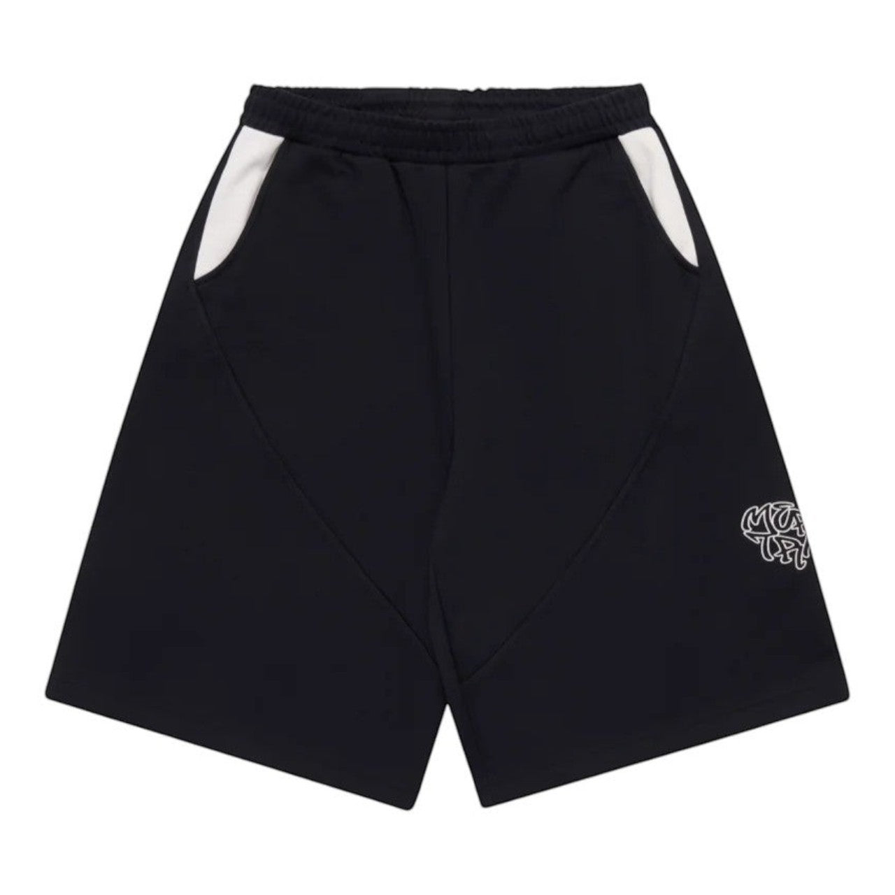 OFFCODE.USA Bigstep shorts in black cotton blend with white pocket accents and embroidered graphic.