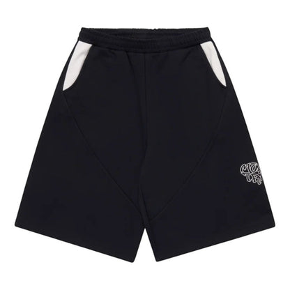 OFFCODE.USA Bigstep shorts in black cotton blend with white pocket accents and embroidered graphic.