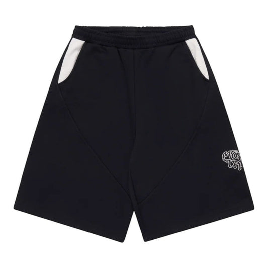 OFFCODE.USA Bigstep shorts in black cotton blend with white pocket accents and embroidered graphic.