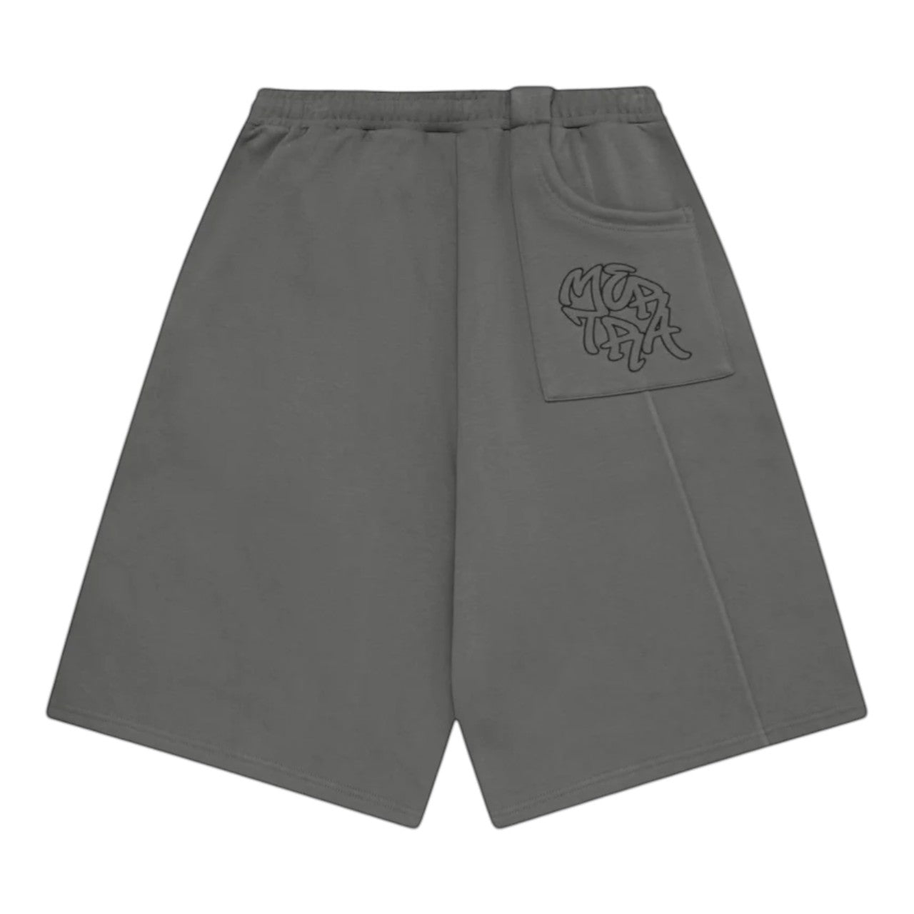 OFFCODE.USA Bigstep charcoal grey cotton blend shorts with signature panelling, back pocket, and embroidered graphics. Wide leg, baggy fit.