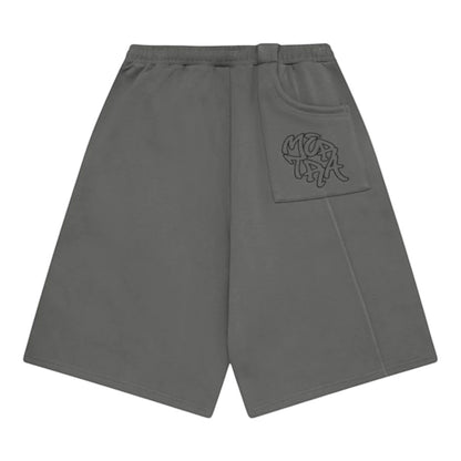 OFFCODE.USA Bigstep charcoal grey cotton blend shorts with signature panelling, back pocket, and embroidered graphics. Wide leg, baggy fit.