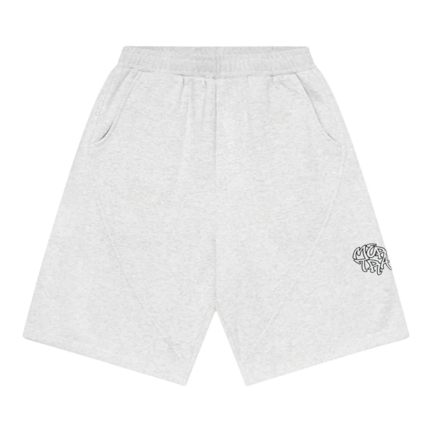 OFFCODE.USA light grey heathered cotton blend Bigstep shorts with elastic waistband and side pockets, featuring a graphic logo on the left leg.