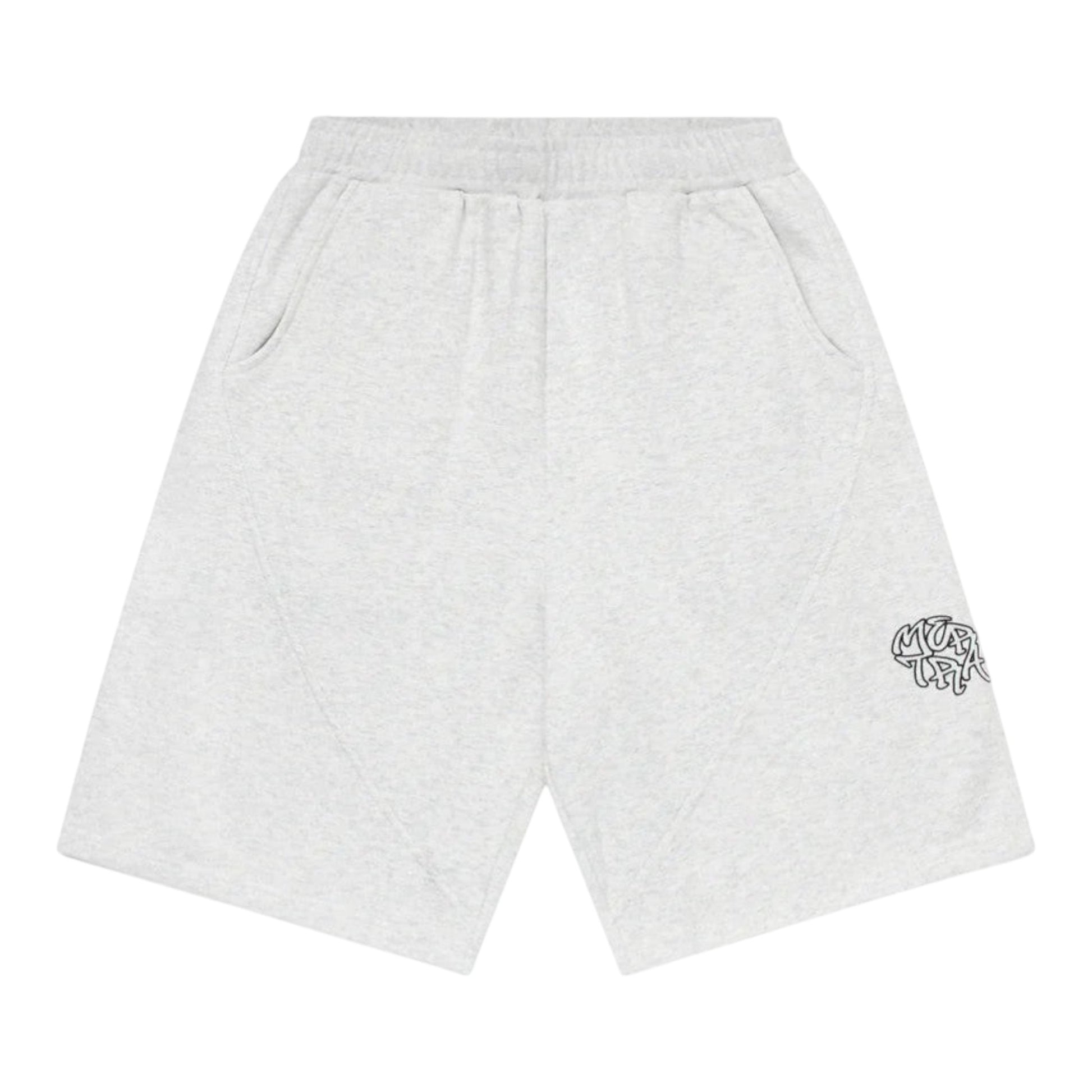 OFFCODE.USA light grey heathered cotton blend Bigstep shorts with elastic waistband and side pockets, featuring a graphic logo on the left leg.