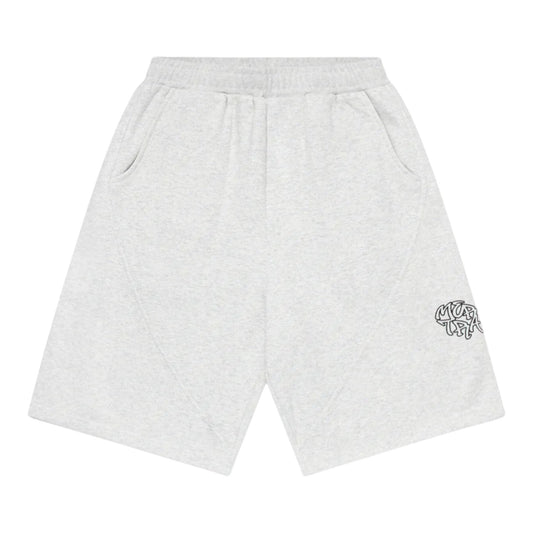 OFFCODE.USA light grey heathered cotton blend Bigstep shorts with elastic waistband and side pockets, featuring a graphic logo on the left leg.