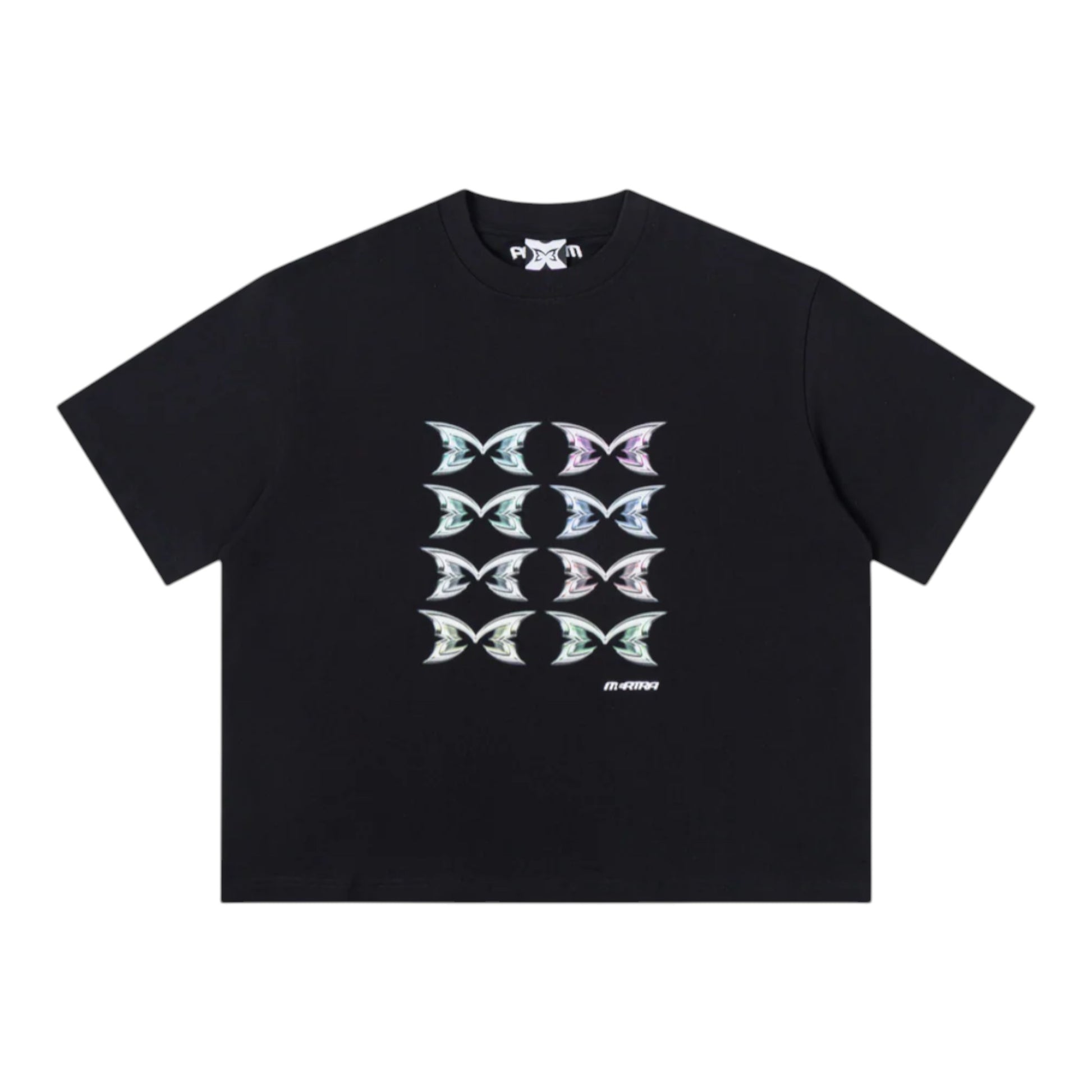 OFFCODE.USA black cotton t-shirt with stacked white butterfly graphic print and crew neck.