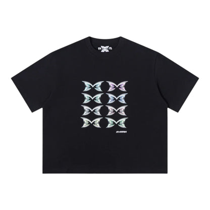 OFFCODE.USA black cotton t-shirt with stacked white butterfly graphic print and crew neck.