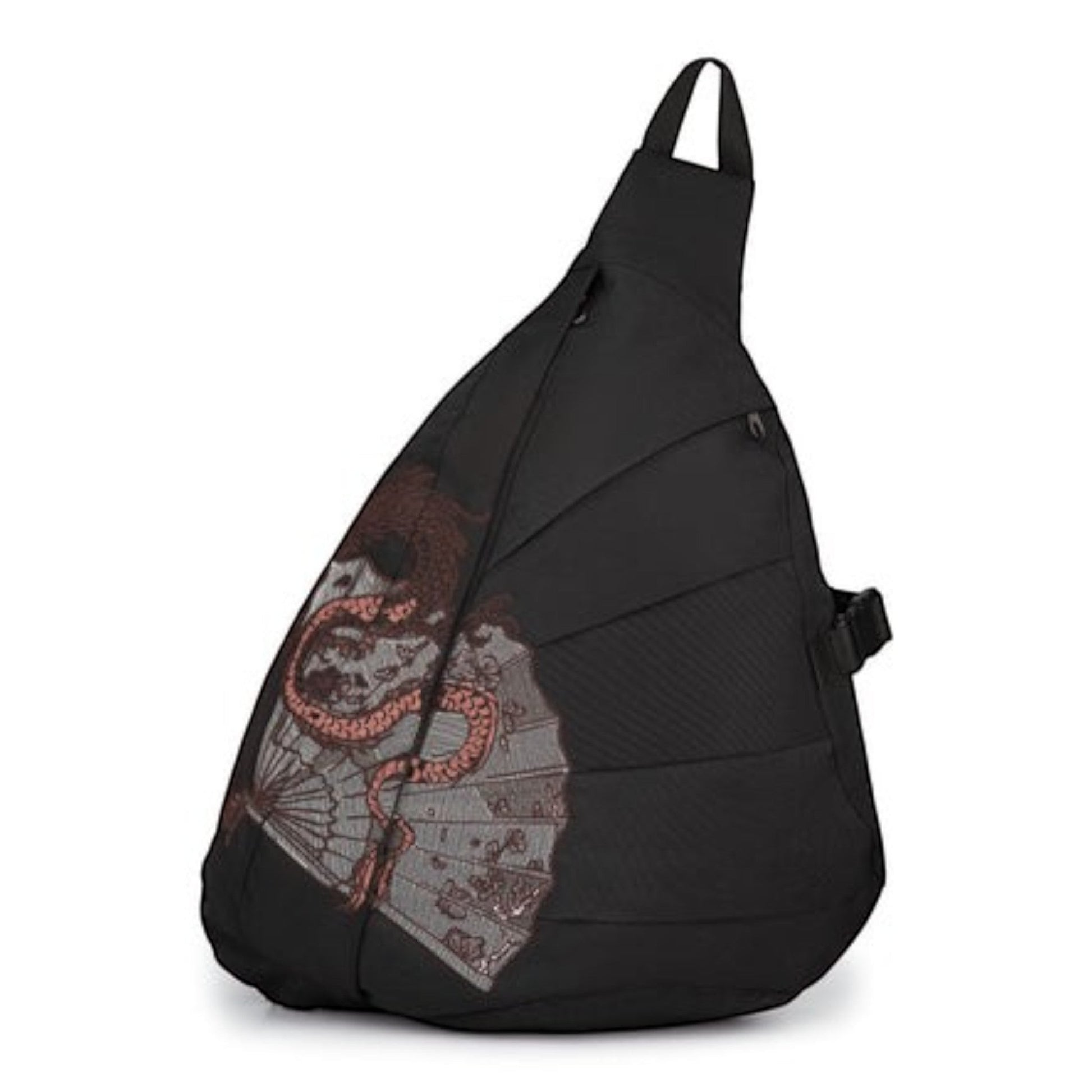 OFFCODE.USA black canvas yakuza sling bag with dragon and fan embroidery, adjustable strap, and front zip details.
