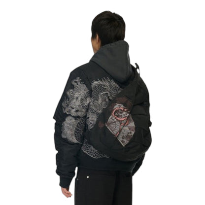 OFFCODE.USA black canvas yakuza sling bag with front embroidery and buckle detail worn by a model from behind