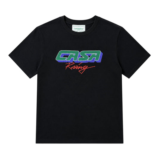 OFFCODE.USA black cotton t-shirt with 3D printed "CASA Racing" graphic in green, blue, and red.