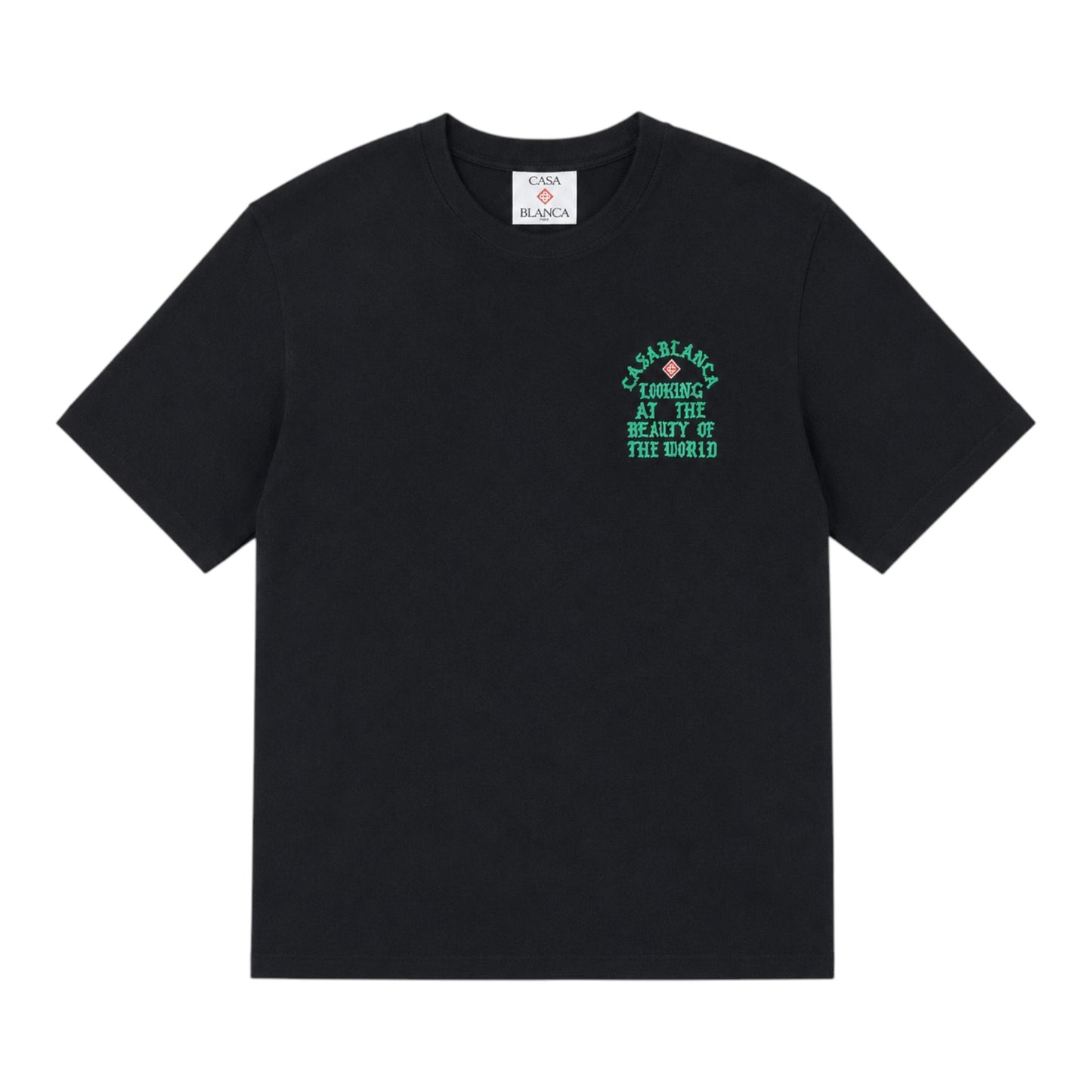 OFFCODE.USA black cotton t-shirt with "Casablanca Looking at the Beauty of the World" graphic print on chest.