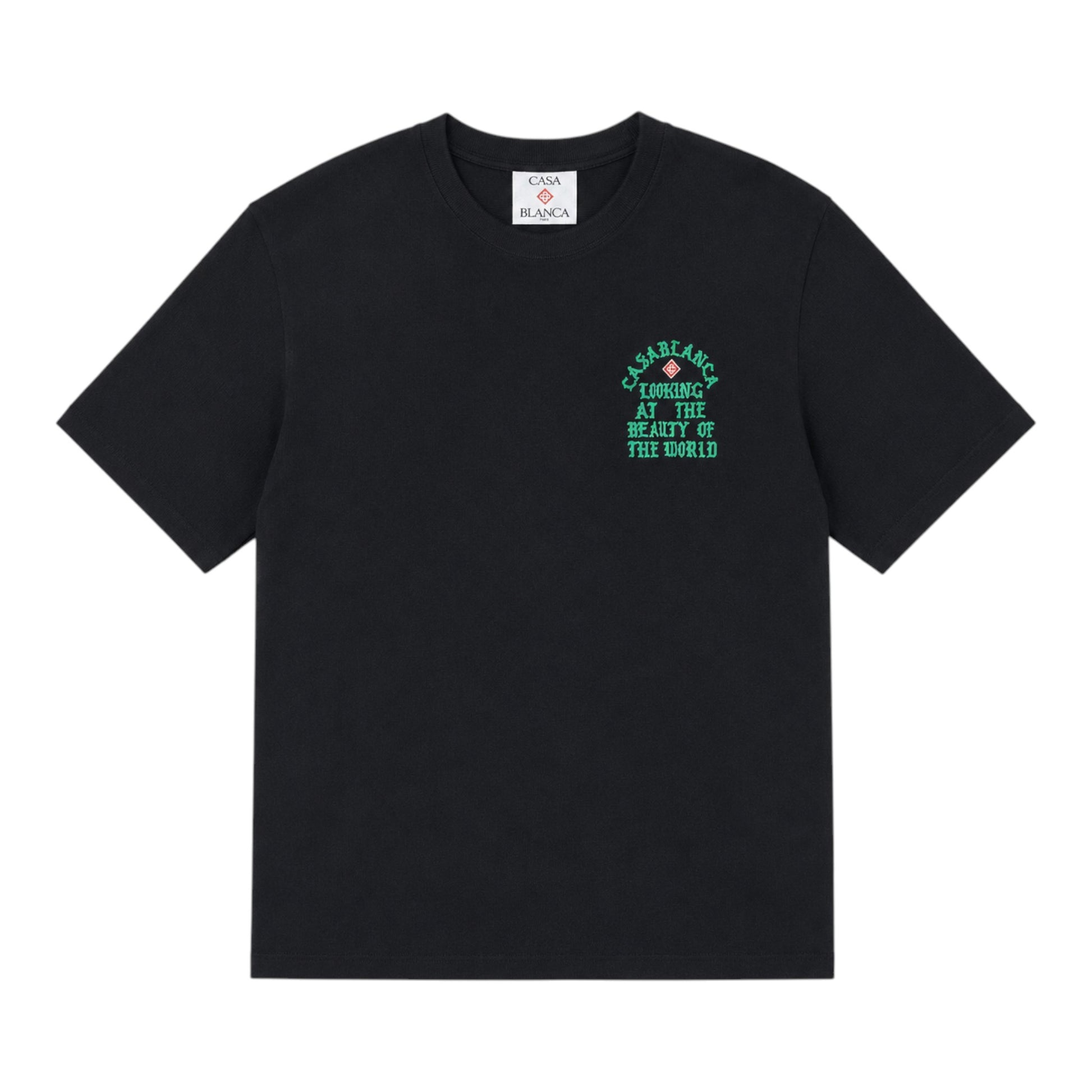 OFFCODE.USA black cotton t-shirt with "Casablanca Looking at the Beauty of the World" graphic print on chest.