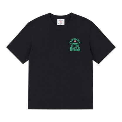 OFFCODE.USA black cotton t-shirt with "Casablanca Looking at the Beauty of the World" graphic print on chest.