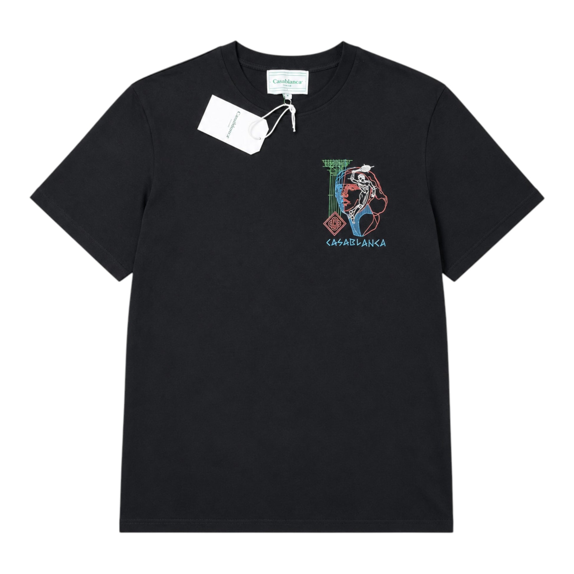 OFFCODE.USA black cotton t-shirt with a neon graphic print of a face and "CASABLANCA" text.