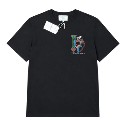OFFCODE.USA black cotton t-shirt with a neon graphic print of a face and "CASABLANCA" text.