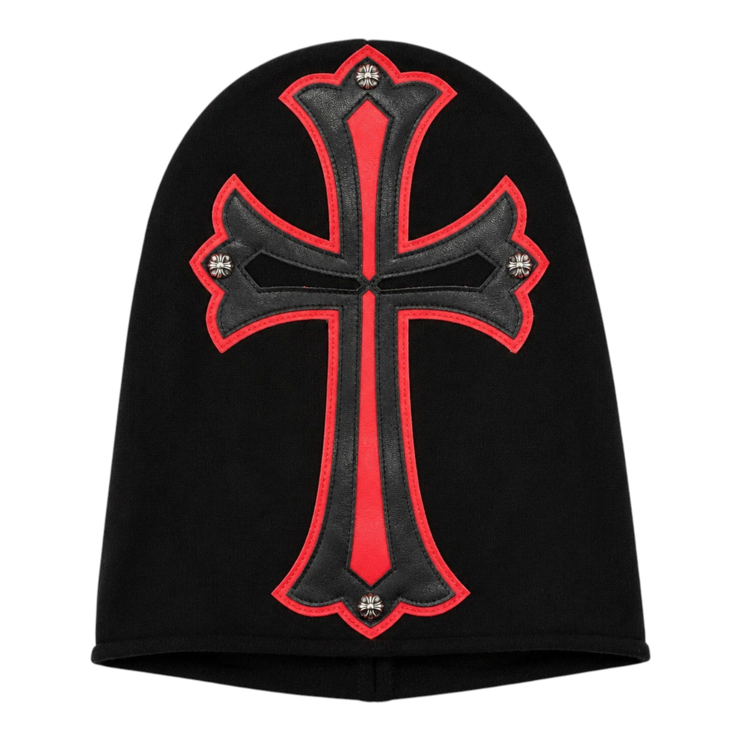 OFFCODE.USA black cashmere beanie featuring a large red and black leather cross patch with silver hardware accents