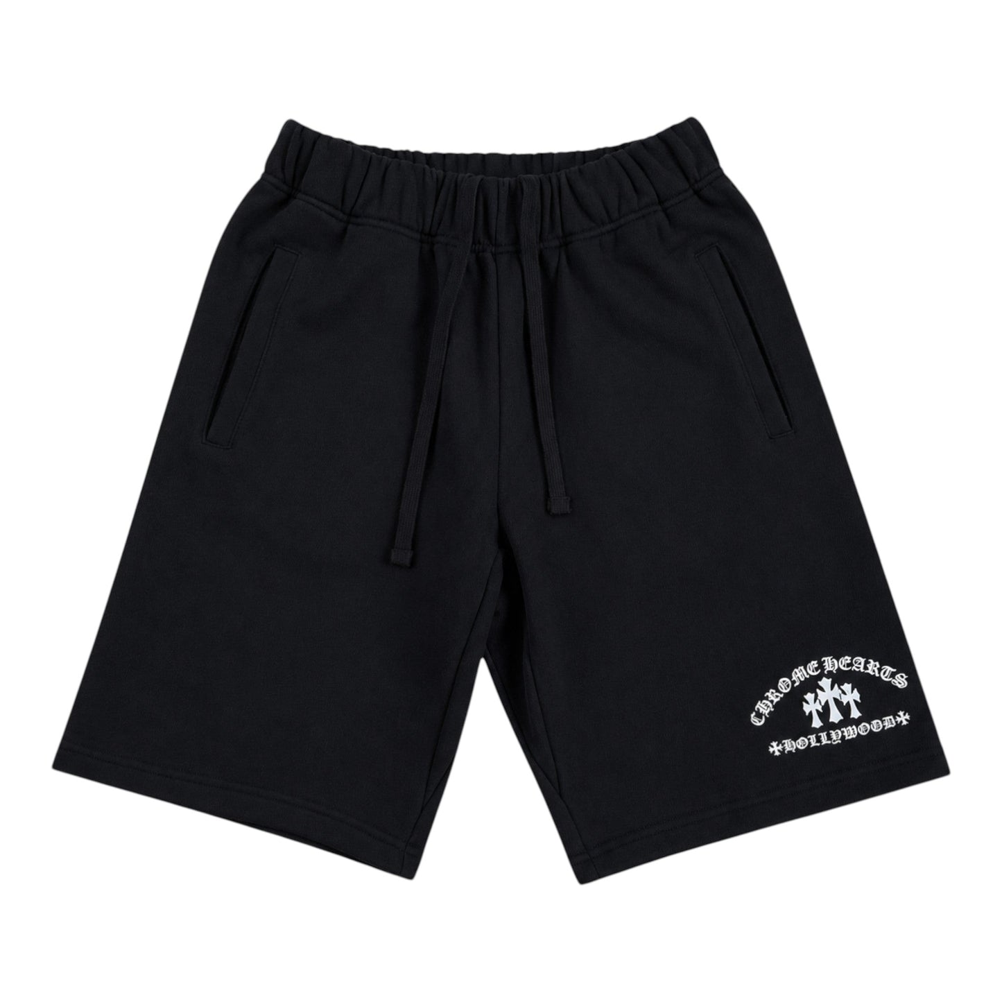 OFFCODE.USA black cotton sweat shorts featuring white Chrome Hearts Cemetery Cross embroidery on the leg