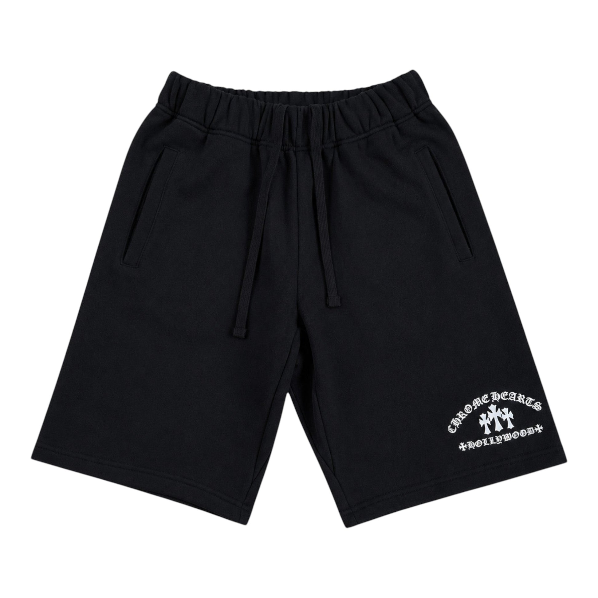 OFFCODE.USA black cotton sweat shorts featuring white Chrome Hearts Cemetery Cross embroidery on the leg