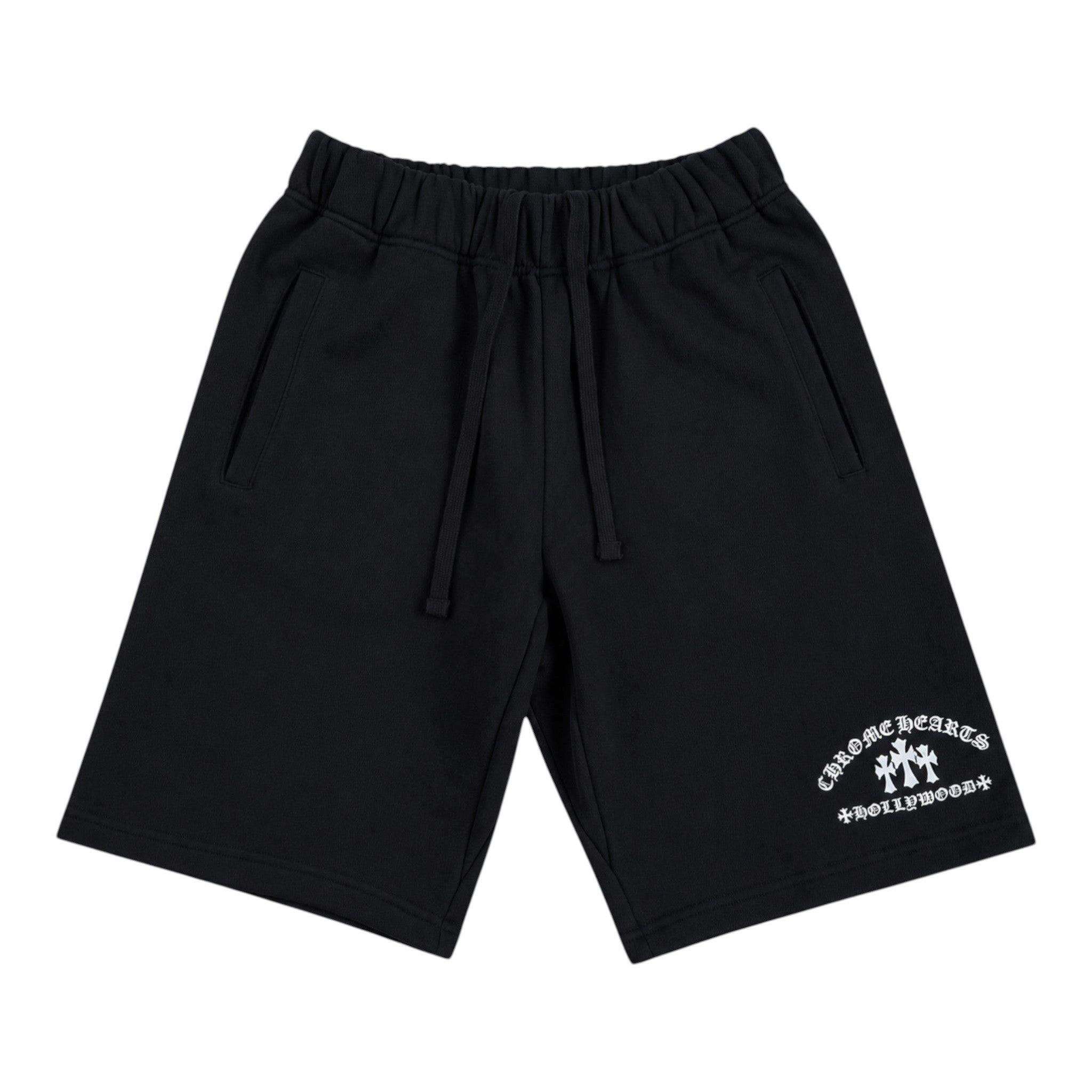 OFFCODE.USA black cotton sweat shorts featuring white Chrome Hearts Cemetery Cross embroidery on the leg
