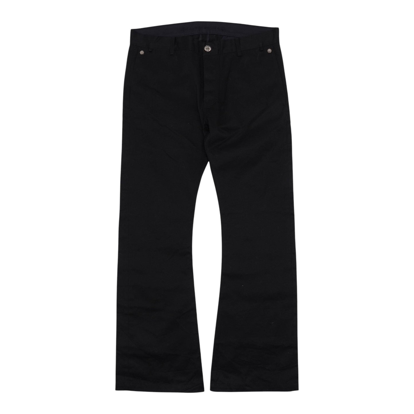 OFFCODE.USA black 100% cotton flare Richard cut chino pants with a button and zip closure.