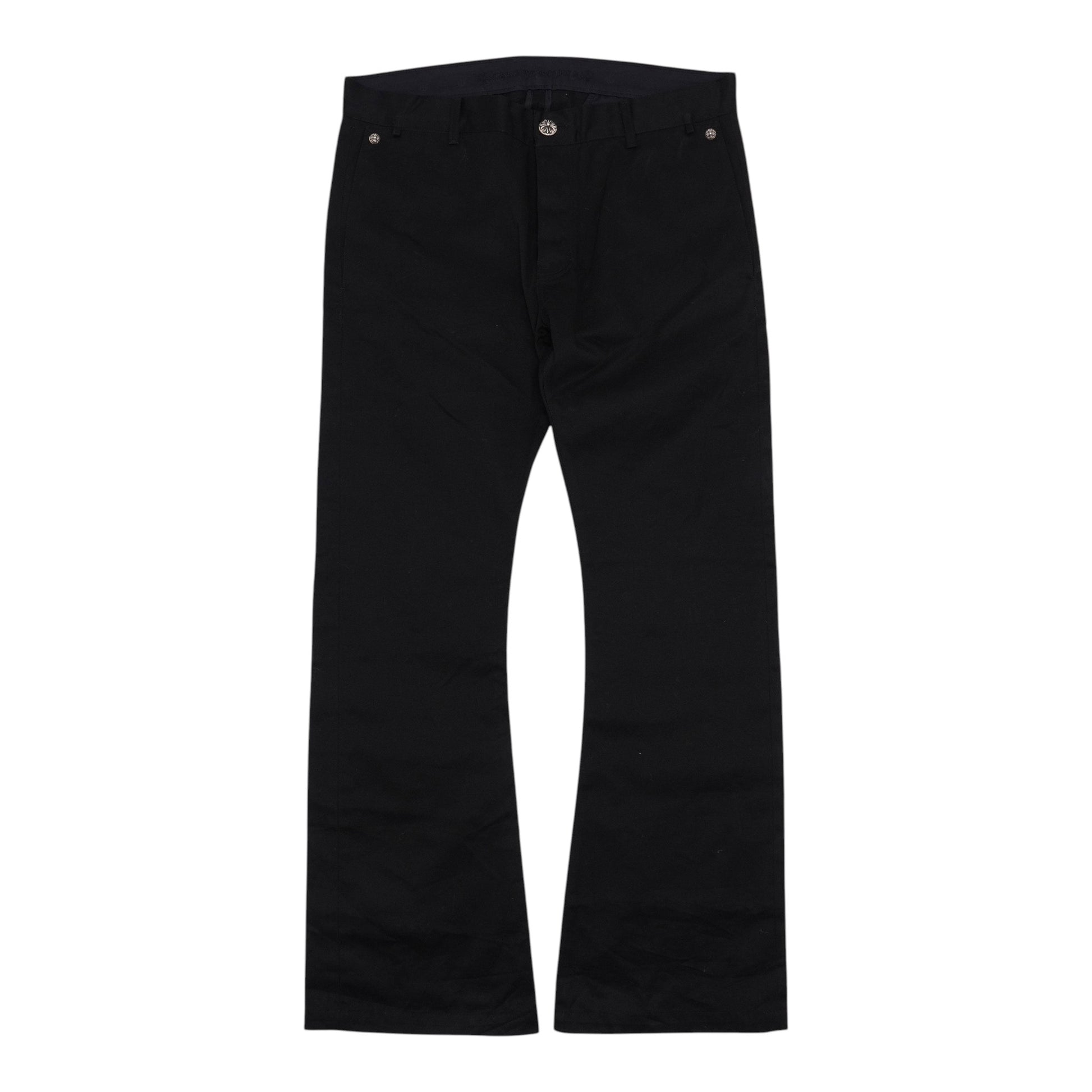 OFFCODE.USA black 100% cotton flare Richard cut chino pants with a button and zip closure.