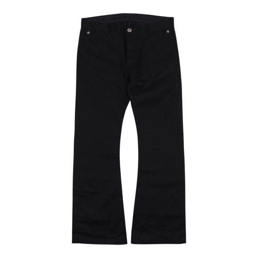 OFFCODE.USA black 100% cotton flare Richard cut chino pants with a button and zip closure.