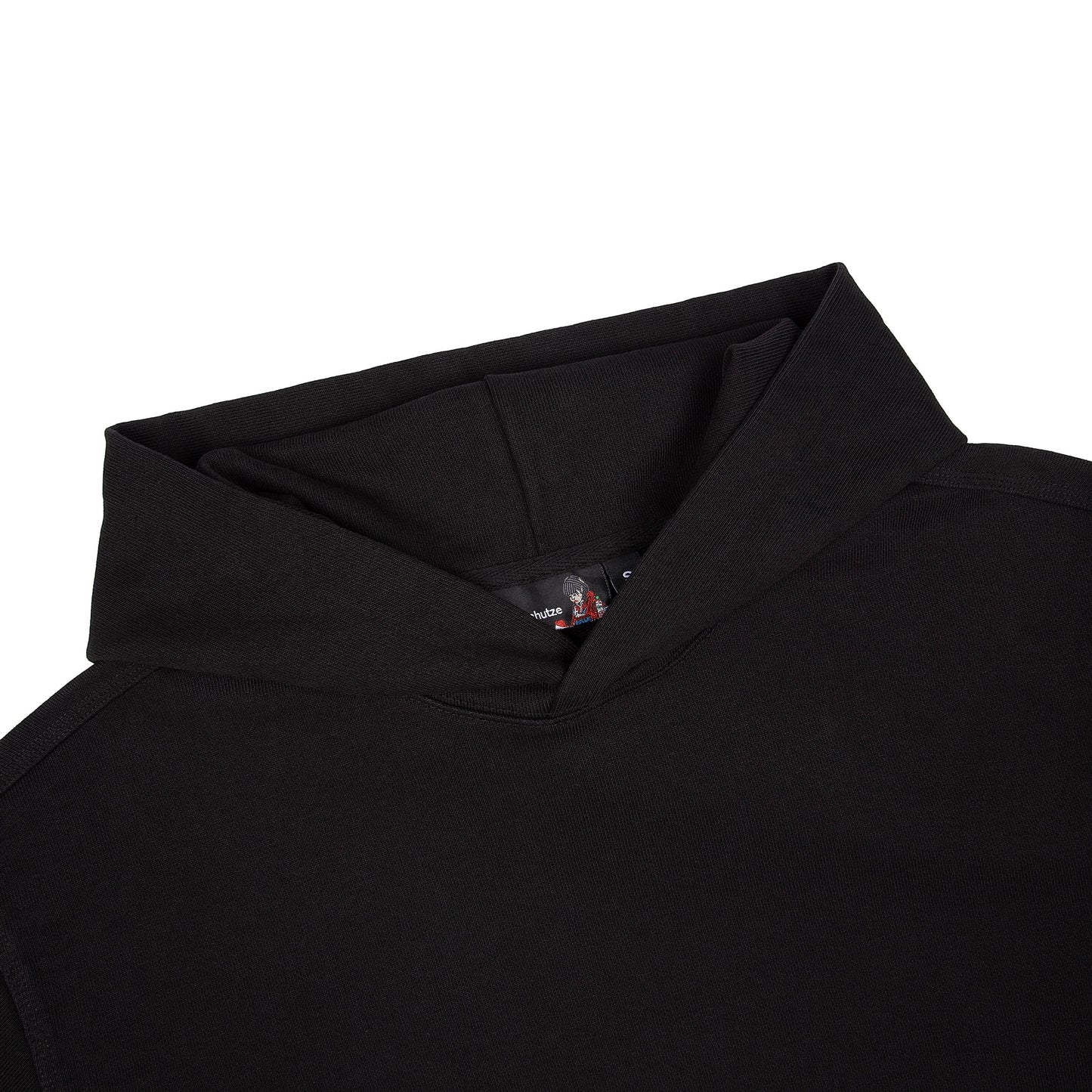 OFFCODE.USA black cotton double sleeve hoodie with intricate embroidery on sleeves. Premium 460gsm.