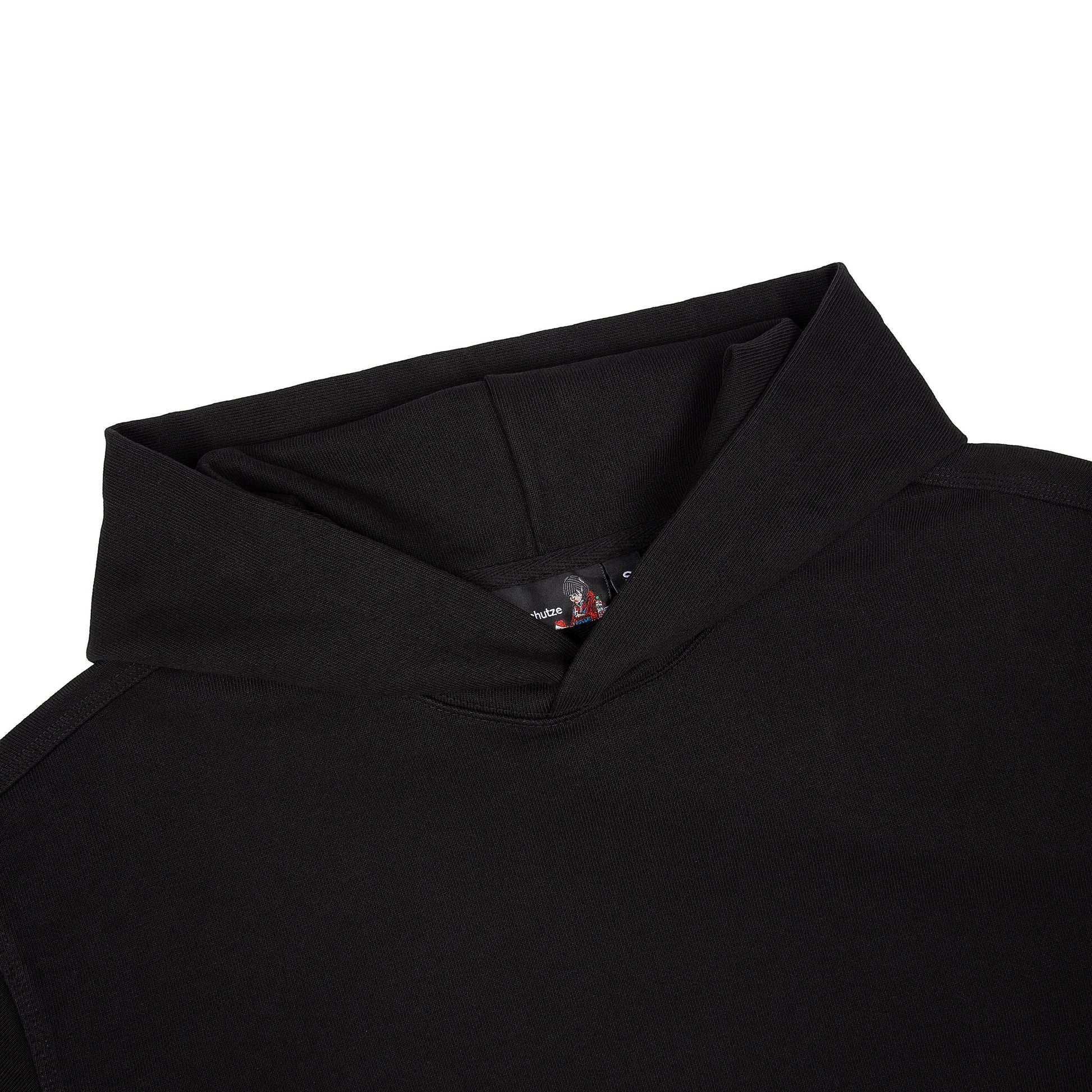 OFFCODE.USA black cotton double sleeve hoodie with intricate embroidery on sleeves. Premium 460gsm.