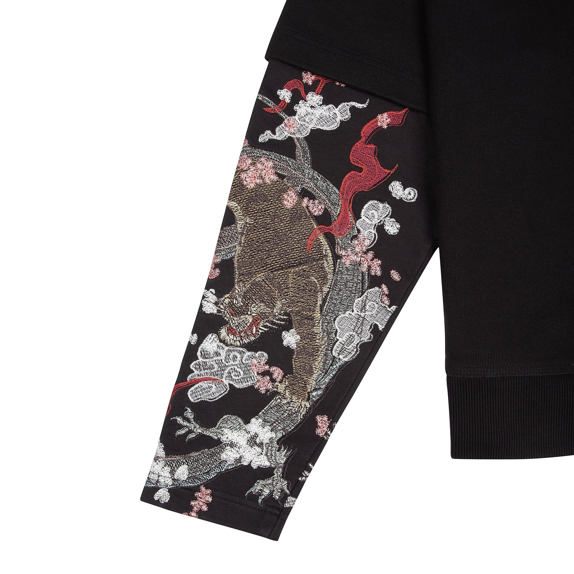 OFFCODE.USA black cotton double sleeve hoodie with intricate tiger and cherry blossom embroidery on sleeves.
