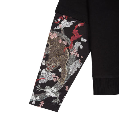 OFFCODE.USA black cotton double sleeve hoodie with intricate tiger and cherry blossom embroidery on sleeves.