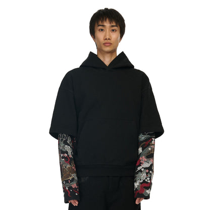 OFFCODE.USA black cotton double sleeve hoodie with intricate Yakuza-inspired embroidery on the sleeves.