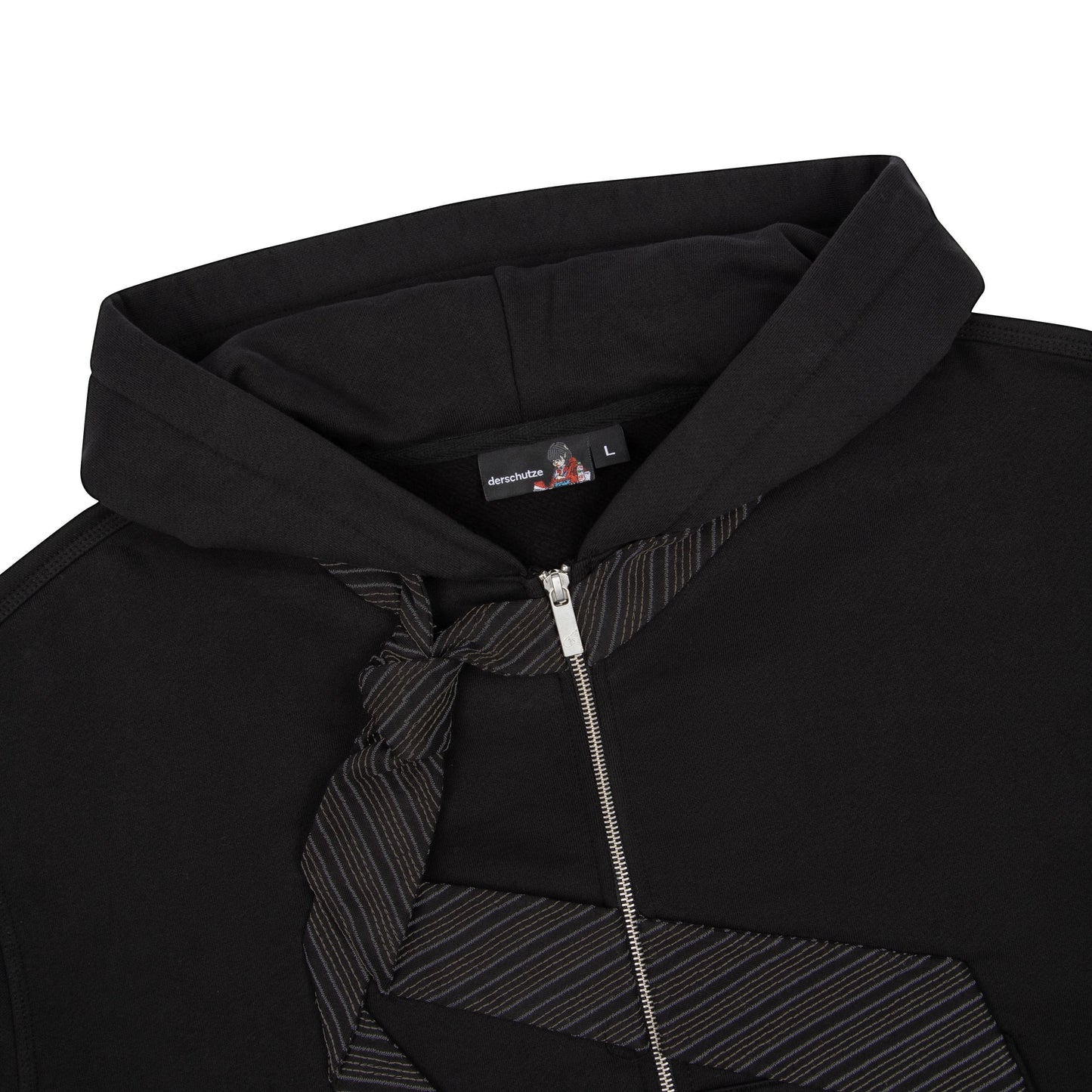 OFFCODE.USA black cotton zip-up hoodie with embroidered tie patch detail on front and back. YKK zipper.
