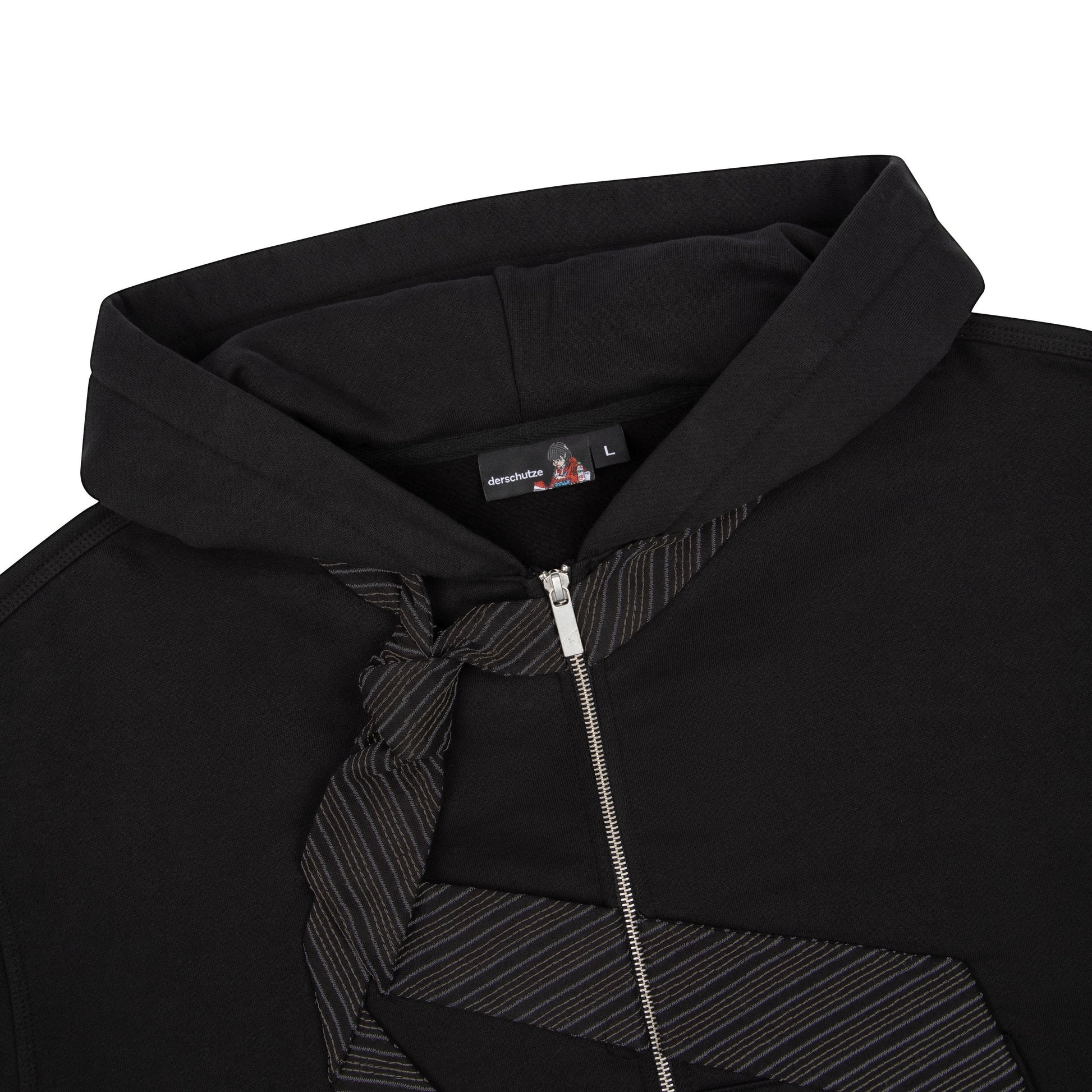 OFFCODE.USA black cotton zip-up hoodie with embroidered tie patch detail on front and back. YKK zipper.