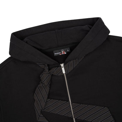 OFFCODE.USA black cotton zip-up hoodie with embroidered tie patch detail on front and back. YKK zipper.