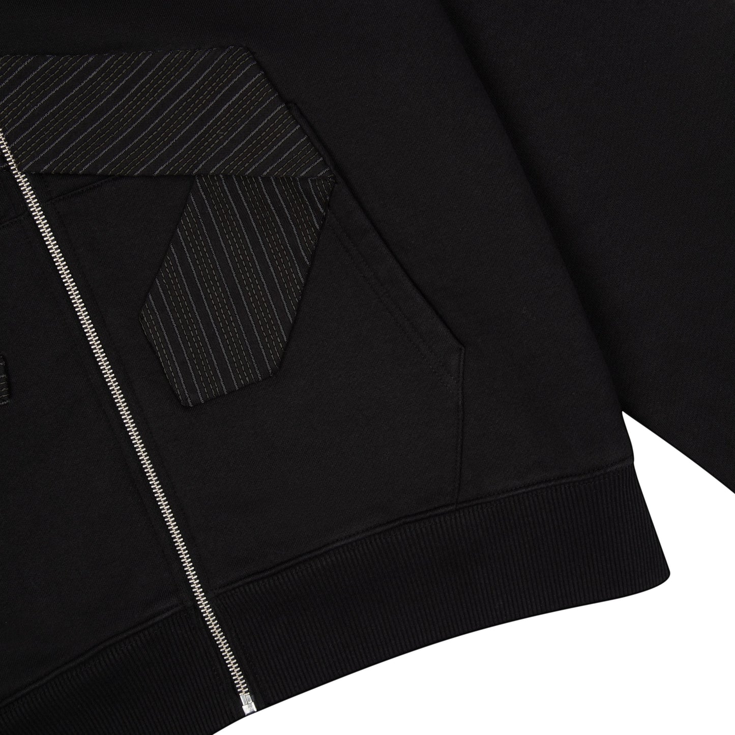 OFFCODE.USA black 100% cotton zip-up hoodie with pinstripe tie patch detail on front pocket and back embroidery.