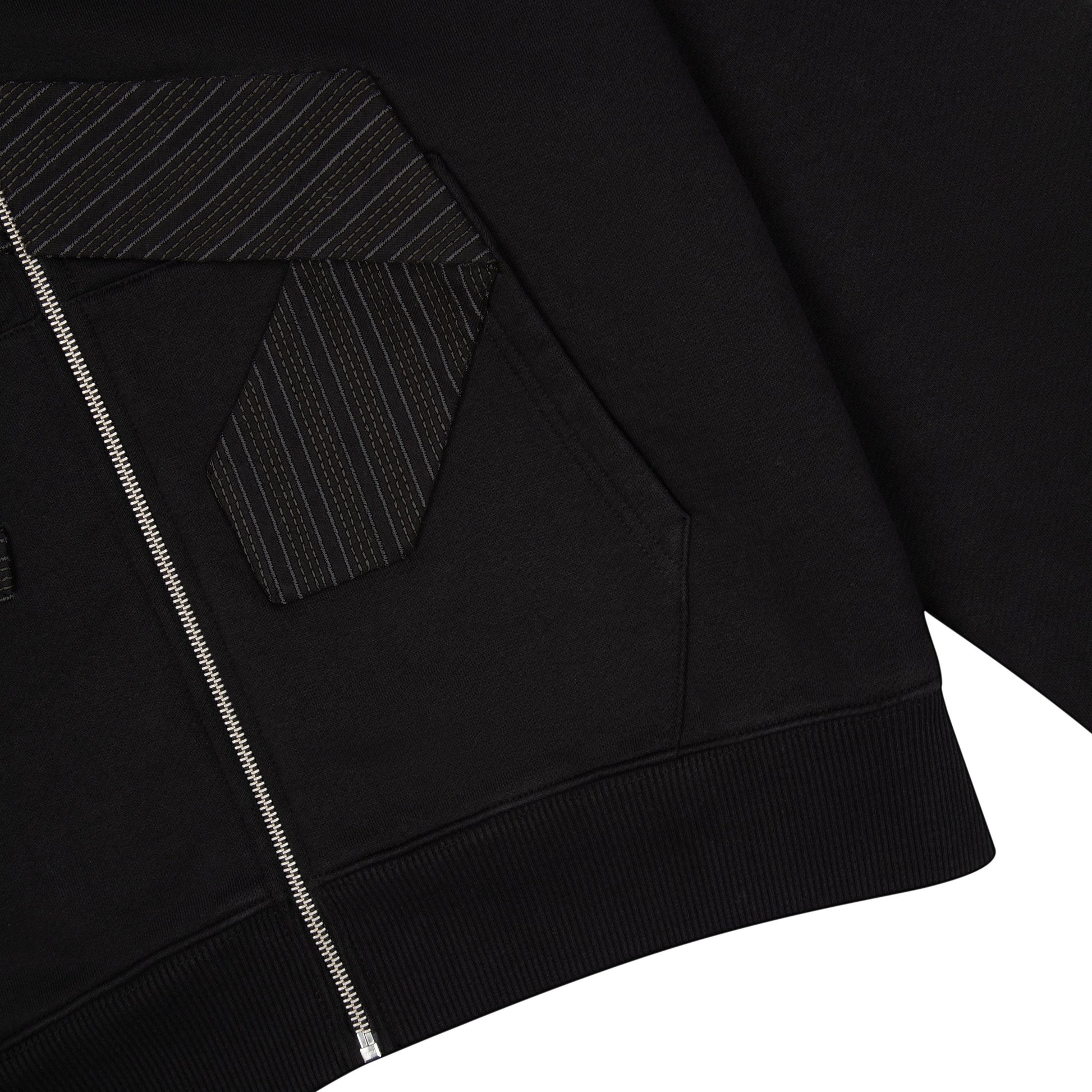 OFFCODE.USA black 100% cotton zip-up hoodie with pinstripe tie patch detail on front pocket and back embroidery.