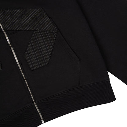 OFFCODE.USA black 100% cotton zip-up hoodie with pinstripe tie patch detail on front pocket and back embroidery.