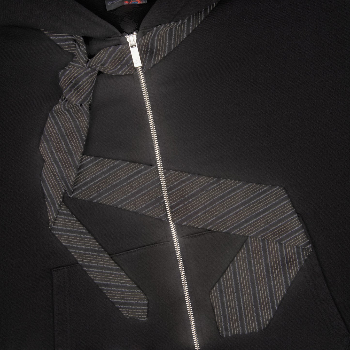 OFFCODE.USA black 100% cotton zip-up hoodie with embroidered tie detail on front and back. YKK zipper.