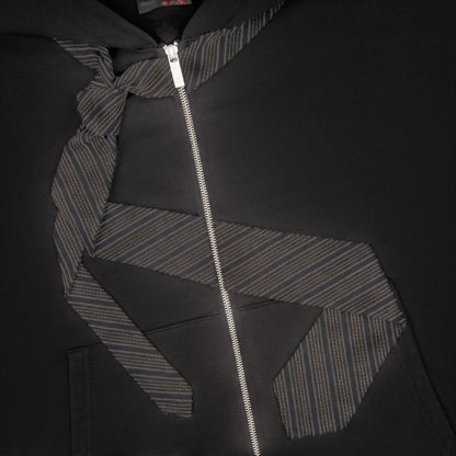 OFFCODE.USA black 100% cotton zip-up hoodie with embroidered tie detail on front and back. YKK zipper.