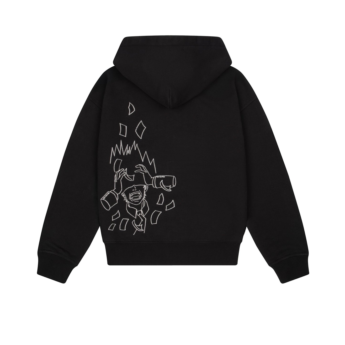 OFFCODE.USA black cotton zip-up hoodie with embroidered "Wall Street" graphic on back. Features YKK zipper.